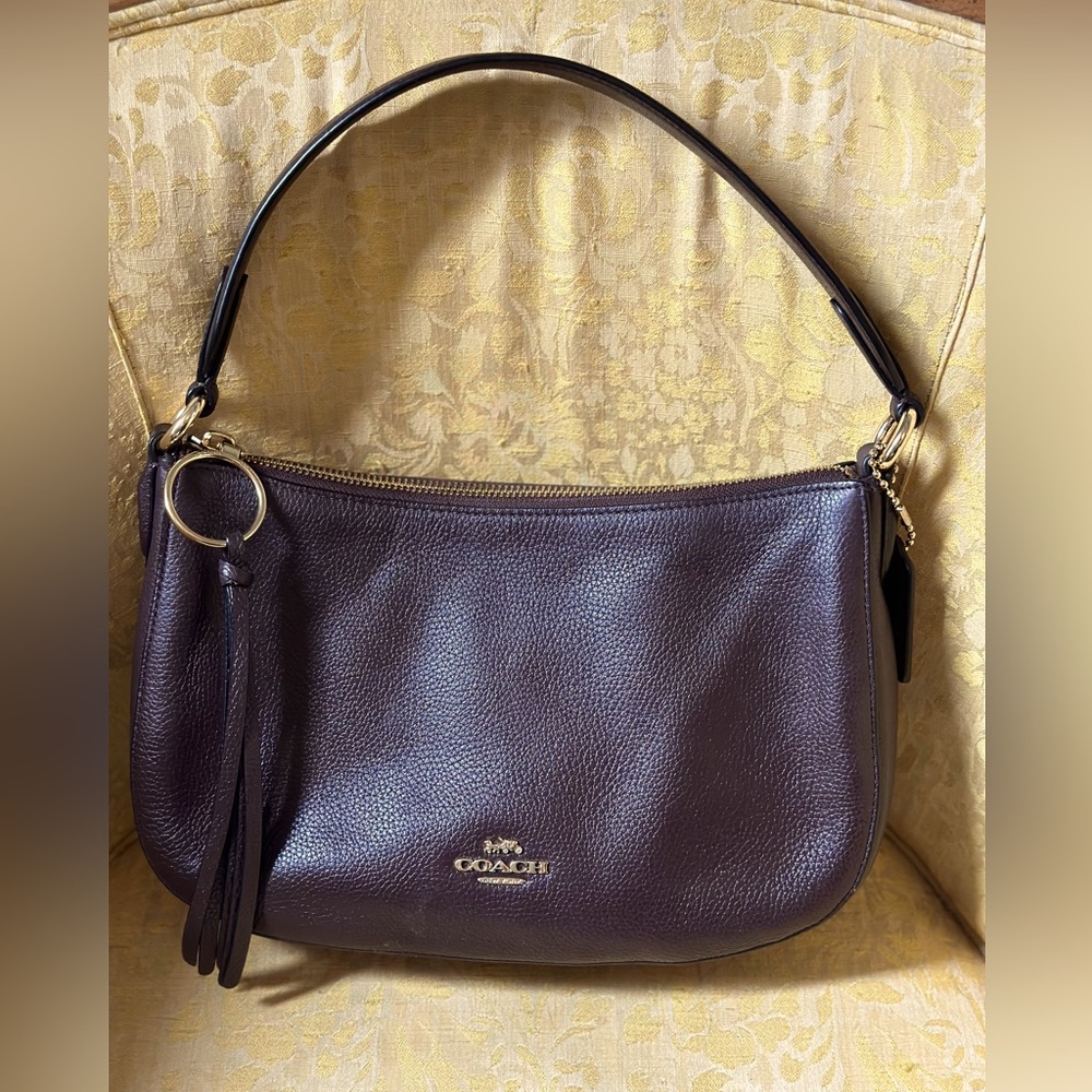 COACH peddled leather oxblood/aubergine saddlebag hobo with gold accents